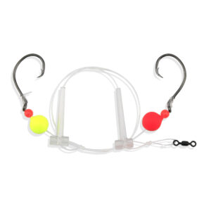 Aqua-Clear, Hi-Lo Bluefish Rig, Bluefish/Striped Bass/Rockfish/Drum, 5/0 Mustad Blk Nckl Circle Hook, AFW Swivel, 60 lb / 27.2 kg GS Mono, T-Standoff, Chartreuse & Red Floats