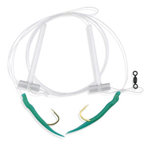 Aqua-Clear, Hi-Lo Tube Bait Rig, Flounder / Fluke / Sea Trout / Croaker / Mackerel, 2/0 Gold Color Octopus Hook, AFW Swivel, 40 lb / 18.1 kg Grand Slam Mono, Green Tubes