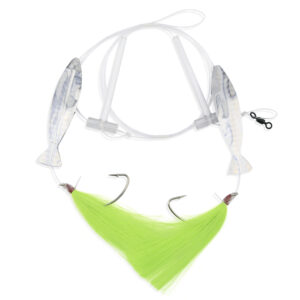 Aqua-Clear, Hi-Lo Hair Teaser Rig, Flounder/Fluke/SeaTrout/Croaker, 3/0 Nickel Wide Gap Hook, 40 lb / 18.1 kg GS Mono, T-Standoff, Chartreuse Hair, Silver Holographic Minnow