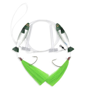 Aqua-Clear, Hi-Lo Hair Teaser Rig, Flounder/Fluke/SeaTrout/Croaker, 3/0 Nickel Wide Gap Hook, 40 lb / 18.1 kg GS Mono, T-Standoff, Green Hair, Green Holographic Minnow