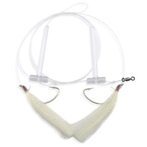 Aqua-Clear, Hi-Lo Pearl Accent Hair Teaser Rig, Flounder/Fluke/SeaTrout/Croaker, 3/0 Nickl Octo Hook, AFW Swivel, 40 lb / 18.1 kg GS Mono, T-Standoff, White Hair, Pearl Accent