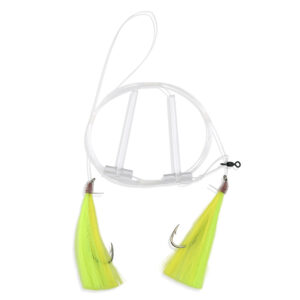 Aqua-Clear, Hi-Lo Mixed Color Hair Teaser Rig, Flounder/Fluke/SeaTrout/Croaker, 3/0 Nickel Octo Hook, AFW Swivel, 40 lb / 18.1 kg GS Mono, T-Standoff, Chrtrse & Yellow Hair