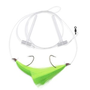 Aqua-Clear, Hi-Lo Mixed Color Hair Teaser Rig, Flounder/Fluke/Sea Trout/Croaker, 3/0 Nickel WideGap Hook, AFW Swivel, 40 lb / 18.1 kg GS Mono, T-Standoff, Green & Chrtrse Hair