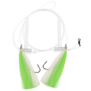 Aqua-Clear, Hi-Lo Mixed Color Hair Teaser Rig, Flounder/Fluke/SeaTrout/Croaker, 3/0 Nickel Octo Hook, AFW Swivel, 40 lb / 18.1 kg GS Mono, T-Standoff, Green & White Hair