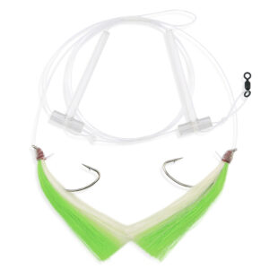 Aqua-Clear, Hi-Lo Mixed Color Hair Teaser Rig, Flounder/Fluke/Sea Trout/Croaker, 3/0 Nickel WideGap Hook, AFW Swivel, 40 lb / 18.1 kg GS Mono, T-Standoff, Green & White Hair