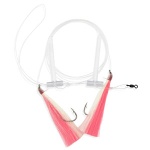 Aqua-Clear, Hi-Lo Mixed Color Hair Teaser Rig, Flounder/Fluke/SeaTrout/Croaker, 3/0 Nickel Octo Hook, AFW Swivel, 40 lb / 18.1 kg GS Mono, T-Standoff, Pink & White Hair