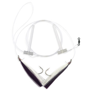 Aqua-Clear, Hi-Lo Mixed Color Hair Teaser Rig, Flounder/Fluke/SeaTrout/Croaker, 3/0 Nickel Octo Hook, AFW Swivel, 40 lb / 18.1 kg GS Mono, T-Standoff, Purple & White Hair