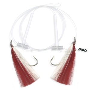 Aqua-Clear, Hi-Lo Mixed Color Hair Teaser Rig, Flounder/Fluke/SeaTrout/Croaker, 3/0 Nickel Octo Hook, AFW Swivel, 40 lb / 18.1 kg GS Mono, T-Standoff, Red & White Hair