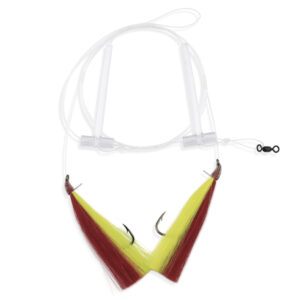 Aqua-Clear, Hi-Lo Mixed Color Hair Teaser Rig, Flounder/Fluke/SeaTrout/Croaker, 3/0 Nickel Octo Hook, AFW Swivel, 40 lb / 18.1 kg GS Mono, T-Standoff, Red & Yellow Hair