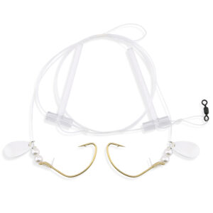 Aqua-Clear, Hi-Lo Pearl & Spinner Rig, Flounder/Fluke/SeaTrout/Croaker, 2/0 Gold Color Wide Gap Hook, AFW Swivel, 40 lb / 18.1 kg GS Mono, T-Standoff, Pearls & Spinners