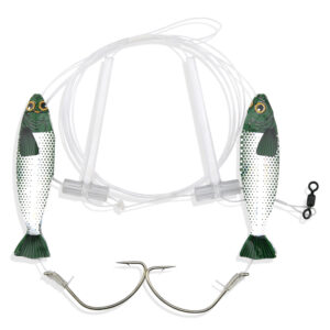 Aqua-Clear, Hi-Lo Plain Holo Minnow Rig, Flounder/Fluke/SeaTrout/Croaker, 2/0 Nickel Wide Gap Hook, 40 lb / 18.1 kg GS Mono, T-Standoff, Green Holographic Minnow