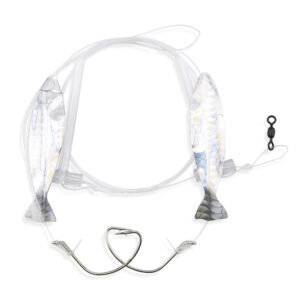 Aqua-Clear, Hi-Lo Plain Holo Minnow Rig, Flounder/Fluke/SeaTrout/Croaker, 2/0 Nickel Wide Gap Hook, 40 lb / 18.1 kg GS Mono, T-Standoff, Silver Holographic Minnow