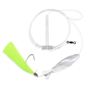 Aqua-Clear, Hair Teaser Rig, Flounder/Fluke/Sea Trout/Weakfish/Croaker, 3/0 Nickel Wide Gap Hook, AFW Swivel, 40 lb/18.1 kg GS Mono, T-Standoff, Chrtrse Hair, SilvrHolo Minnow