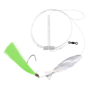 Aqua-Clear, Hair Teaser Rig, Flounder/Fluke/Sea Trout/Weakfish/Croaker, 3/0 Nickel Wide Gap Hook, AFW Swivel, 40 lb/18.1 kg GS Mono, T-Standoff, Green Hair, Silver Holo Minnow
