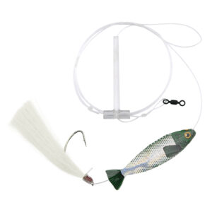 Aqua-Clear, Hair Teaser Rig, Flounder/Fluke/Sea Trout/Weakfish/Croaker, 3/0 Nickel Wide Gap Hook, AFW Swivel, 40 lb/18.1 kg GS Mono, T-Standoff, White Hair, Green Holo Minnow