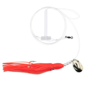 Aqua-Clear, Single Squid Teaser Rig, Flndr/Fluke/SeaTrout/Croaker, 3/0 XL Hook, AFW Swvl, 40 lb/18.1 kg GS Mono, T-Stndff, Lg Spinr, Sun Kissed Orange/Pink Squid
