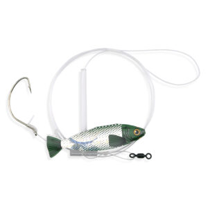 Aqua-Clear, Holo Minnow, Single Leader, Flounder/Fluke/Sea Trout/Croaker, 2/0 Nickel Wide Gap Hook, AFW Swivel, 40 lb / 18.1 kg GS Mono, T-Standoff, Green Holographic Minnow