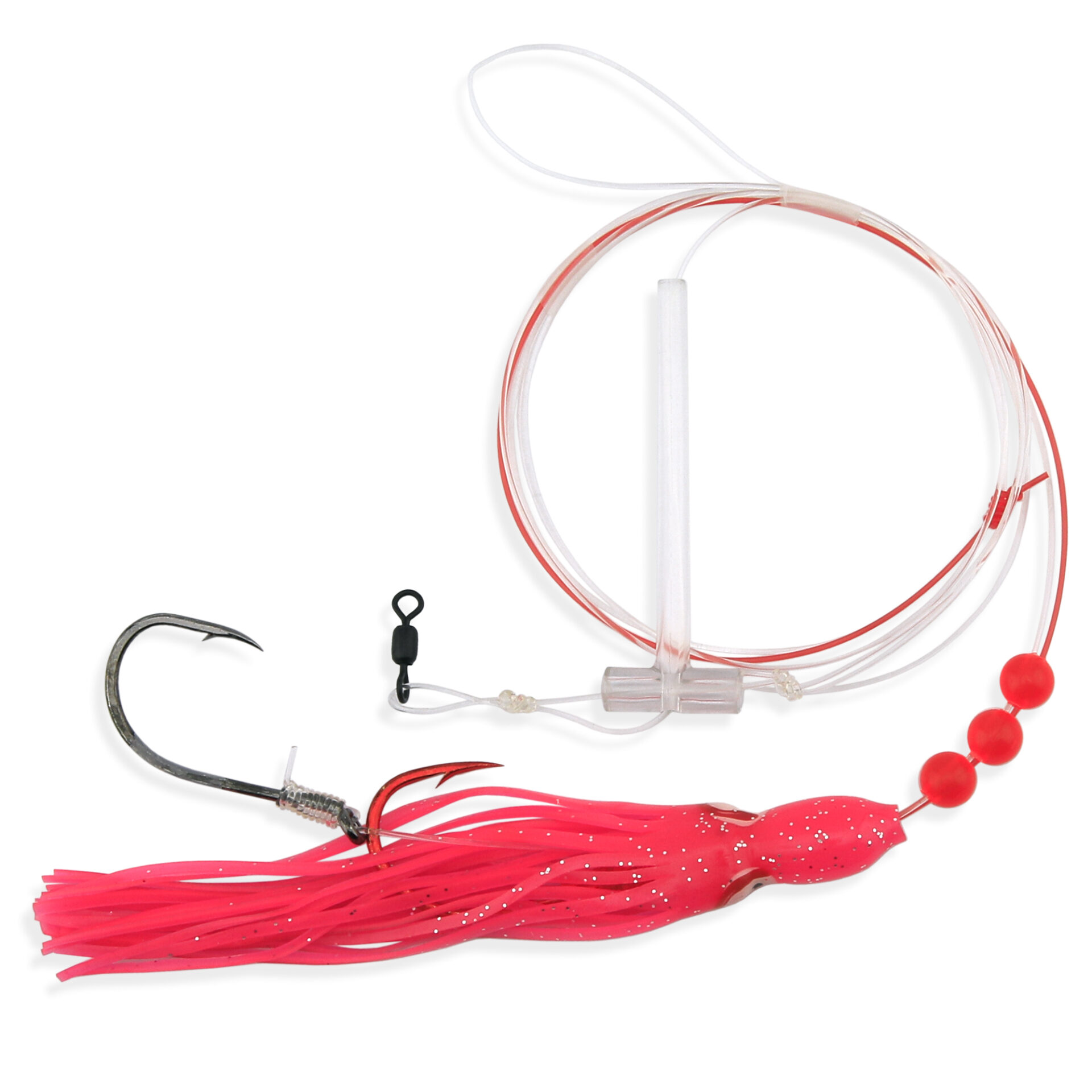 Aqua-Clear, Adj Tandem Rig, Flndr/Fluke/SeaTrout/Croaker, 5/0 Blk Nckl Oct Hook, AFW Swv, 40 lb/18.1 kg GS Mono, T-Standoff, 4 in/6.2 cm Heart Burn Pink Glitter Squid