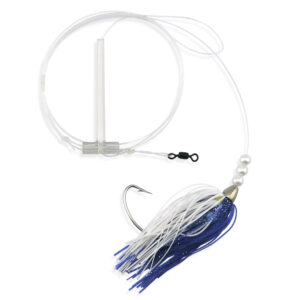 Aqua-Clear, Teaser Flasher Rig, Single Leadr, Flndr/Fluke/SeaTrout/Croaker, 4/0 Nckl WideGapHook, AFW Swvl, 40 lb/18.1 kg GS Mono, T-Standoff, Blue/White Kingbuster, Pearls
