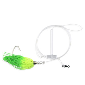 Aqua-Clear, Teaser Flasher Rig, Single Leadr, Flndr/Fluke/SeaTrout/Croaker, 4/0 Nckl WideGapHook, AFW Swvl, 40 lb/18.1 kg GS Mono, T-Standoff, Green Kingbuster, Pearls