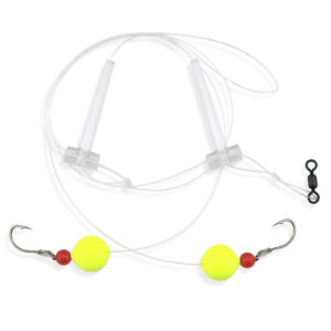 Aqua-Clear, Hi-Lo Combo Rig, Kingfish / Spot / Perch, Size 4 Black Nickel Octopus Hooks, AFW Swivel, 25 lb / 11.3 kg Grand Slam Mono, T-Standoff, Red Beads, Chartreuse Floats