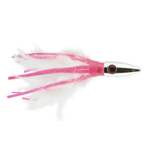Billy Baits, Ahi Slayer Lure, Pink/White Feather/Vinyl Skirt, 5 in / 12.7 cm
