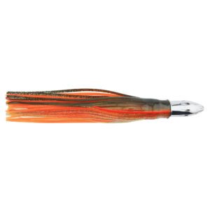 Billy Baits, Mister Big Lure, Brown/Clear Sparkle/ Orange PVC Skirt, 16 oz / 454 g Head, 16 in / 40.6 cm