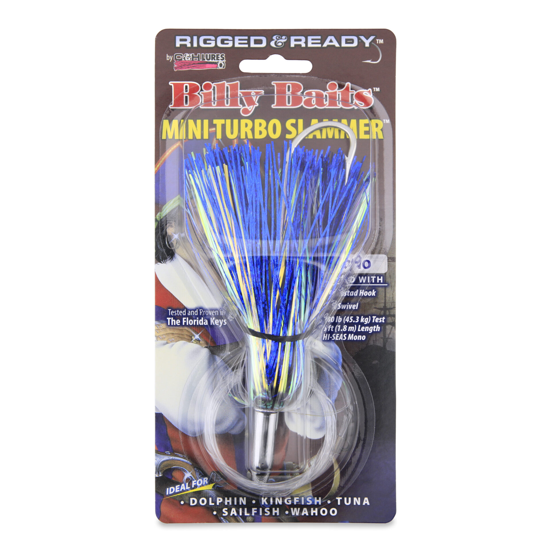 Billy Baits, Mini Turbo Slammer Rigged & Ready, Pearl/Blue Shimmer, Concave Head, 7/0 Mustad Hook, AFW Swivel, 100 lb / 45.3 kg Grand Slam Mono Line, 6 ft / 1.8 m - Image 2