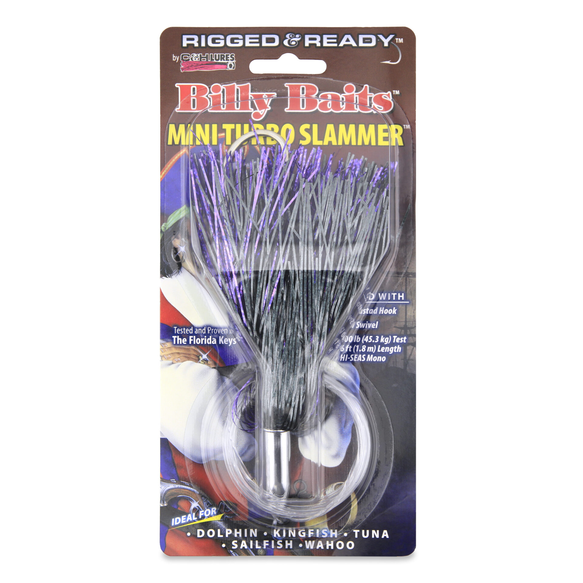 Billy Baits, Mini Turbo Slammer Rigged & Ready, Purple Shimmer/Black Shimmer, Concave Head, 7/0 Mustad Hook, AFW Swivel, 100 lb / 45.3 kg Grand Slam Mono Line, 6 ft / 1.8 m - Image 2