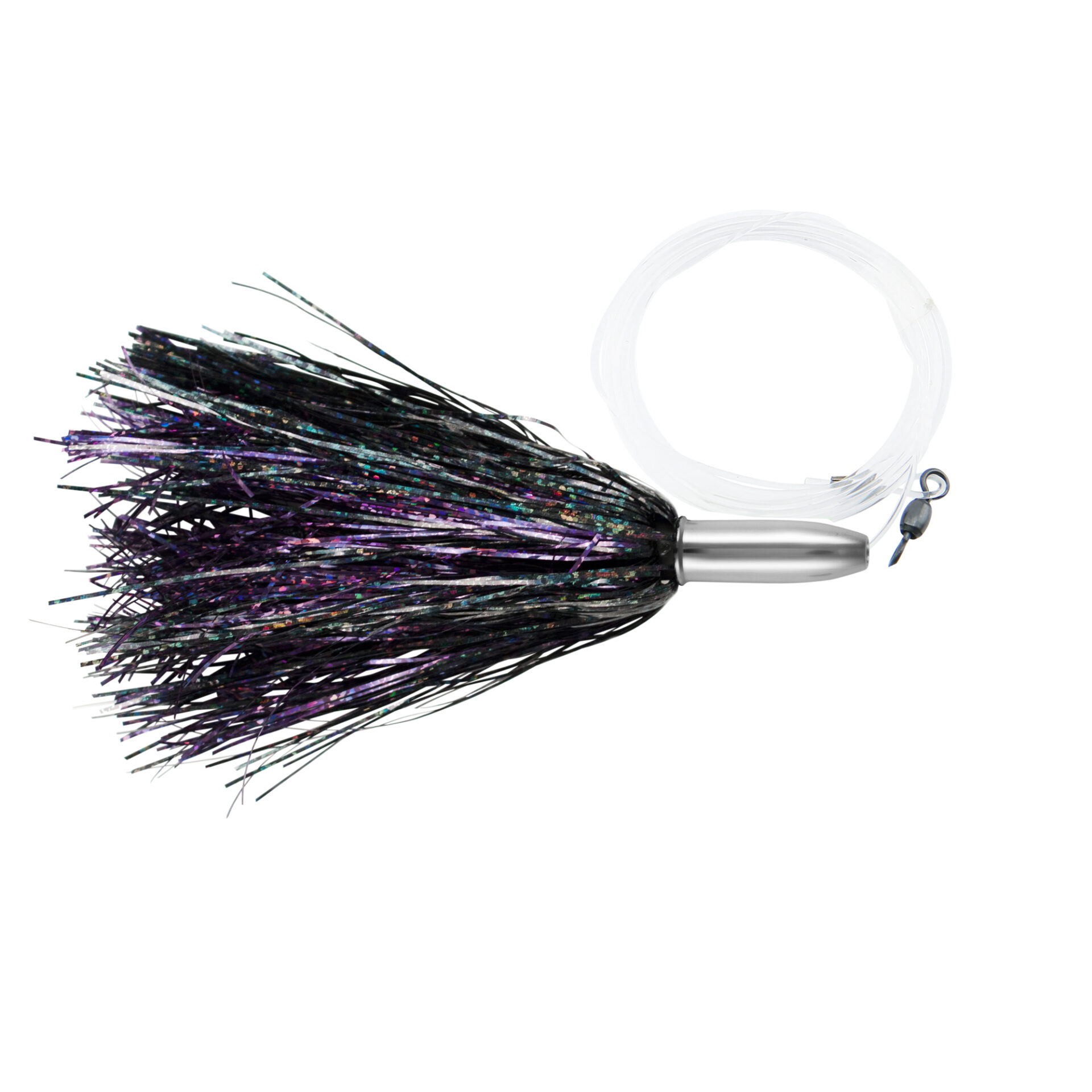 Billy Baits, Mini Turbo Slammer Rigged & Ready, Purple Shimmer/Black Shimmer, Concave Head, 7/0 Mustad Hook, AFW Swivel, 100 lb / 45.3 kg Grand Slam Mono Line, 6 ft / 1.8 m