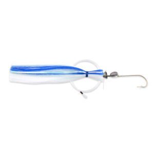Billy Baits, Billy Witch Rigged & Ready, White/Blue Stripe Skirt, 0.25 oz Head, 7/0 Hook, 0.50 oz Sinker, Bait Spring, Looped End, 130 lb / 58.9 kg GSMono Line, 6 ft / 1.8 m