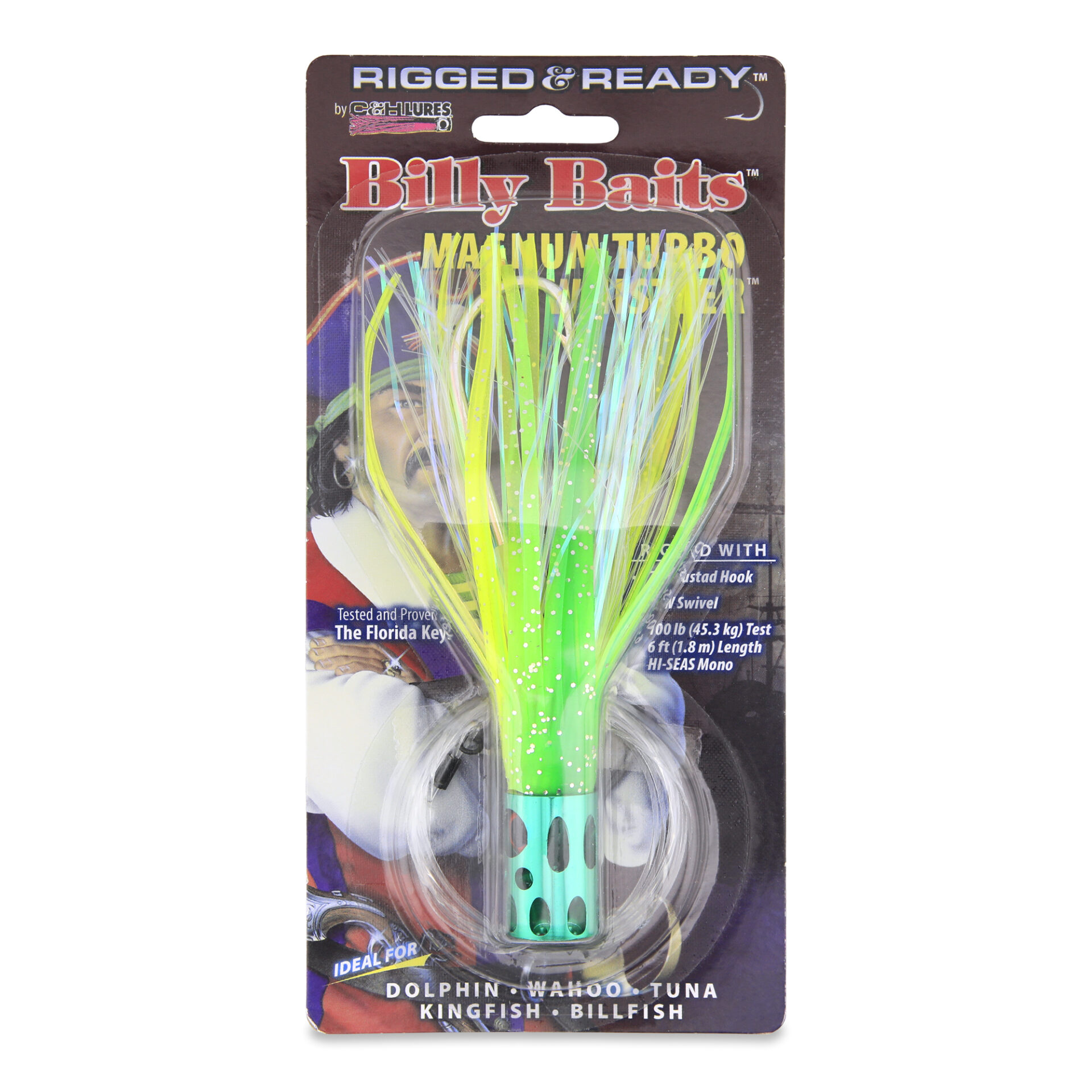 Billy Baits, Magnum Turbo Whistler Rigged & Ready, Grn/Chartr/Orag/Perl, 2 oz / 56.6 g Head, 7/0 Mustad Hook, AFW Swivel, 100 lb / 45.3 kg Grand Slam Mono Line, 6 ft / 1.8 m - Image 2