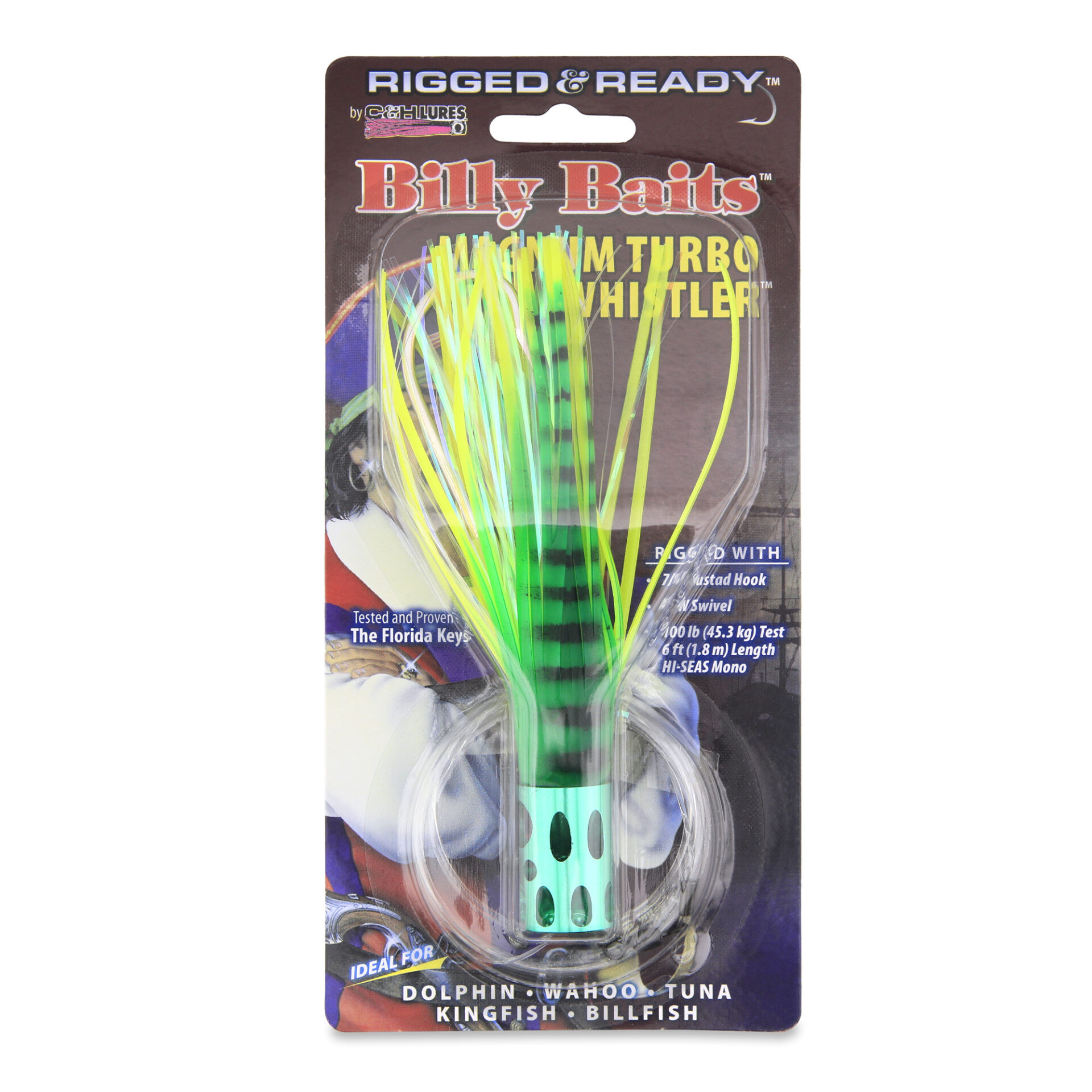 Billy Baits, Magnum Turbo Whistler Rigged & Ready, Dolphin/Pearl Skirt, 2 oz / 56.6 g Head, 7/0 Mustad Hook, AFW Swivel, 100 lb / 45.3 kg Grand Slam Mono Line, 6 ft / 1.8 m - Image 2