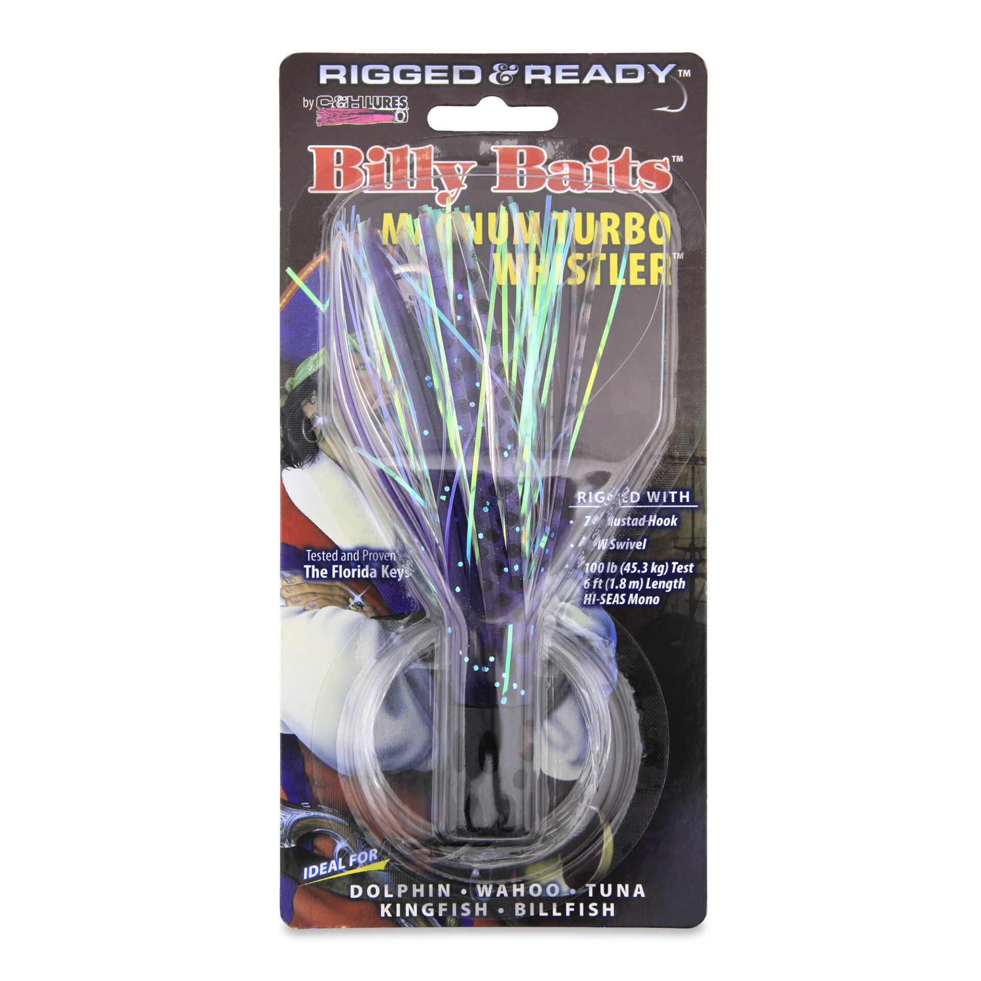 Billy Baits, Magnum Turbo Whistler Rigged & Ready, Purple/Black/Pearl Skirt, 2 oz / 56.6 g Head, 7/0 Mustad Hook, AFW Swivel, 100 lb / 45.3 kg Grand Slam Mono Line, 6 ft / 1.8 - Image 2