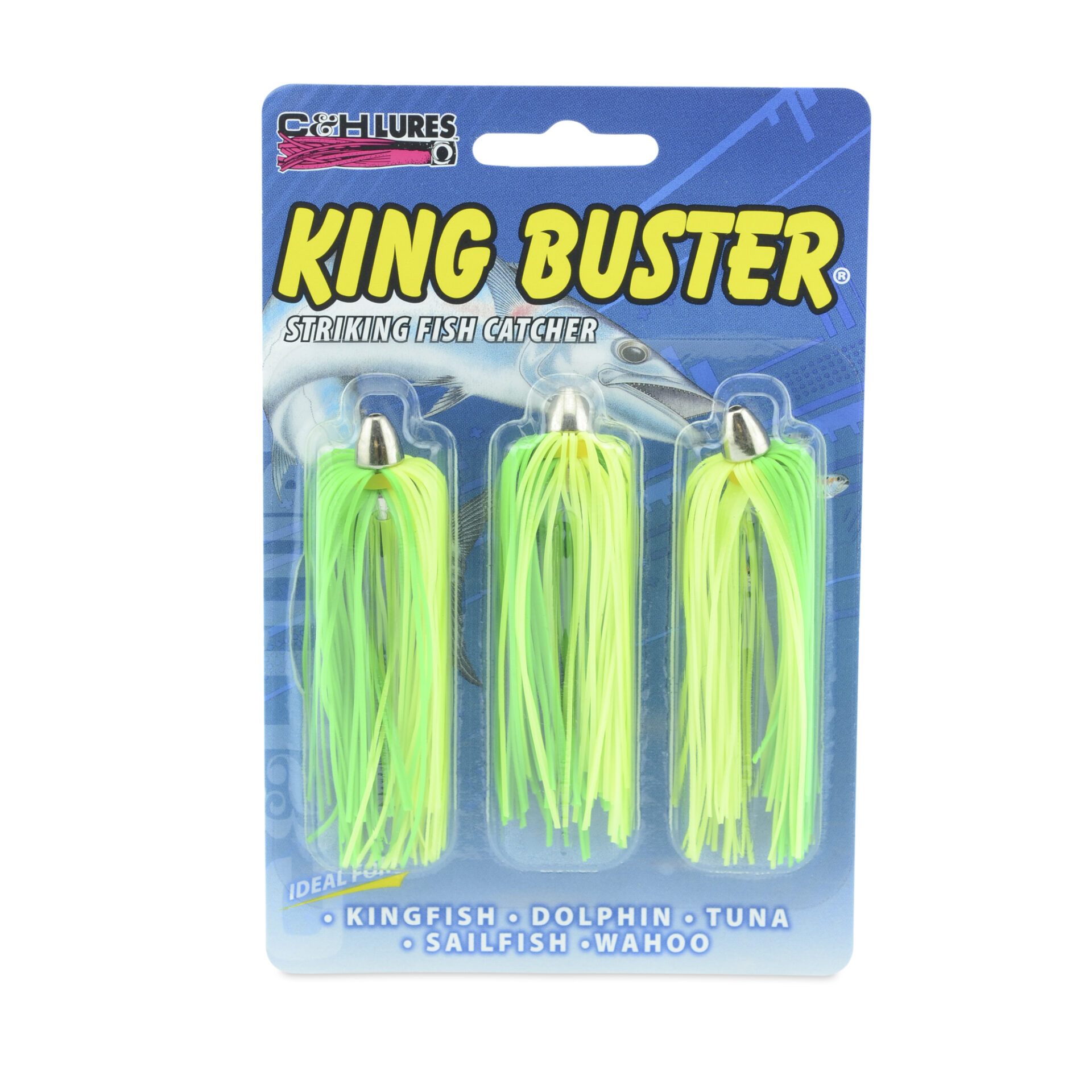C&H, King Buster Lure, Fluorescent Green/Chartreuse Skirt, 1/8 oz / 3.5 g Head, 2.5 in / 6.35 cm, 3 pc - Image 2