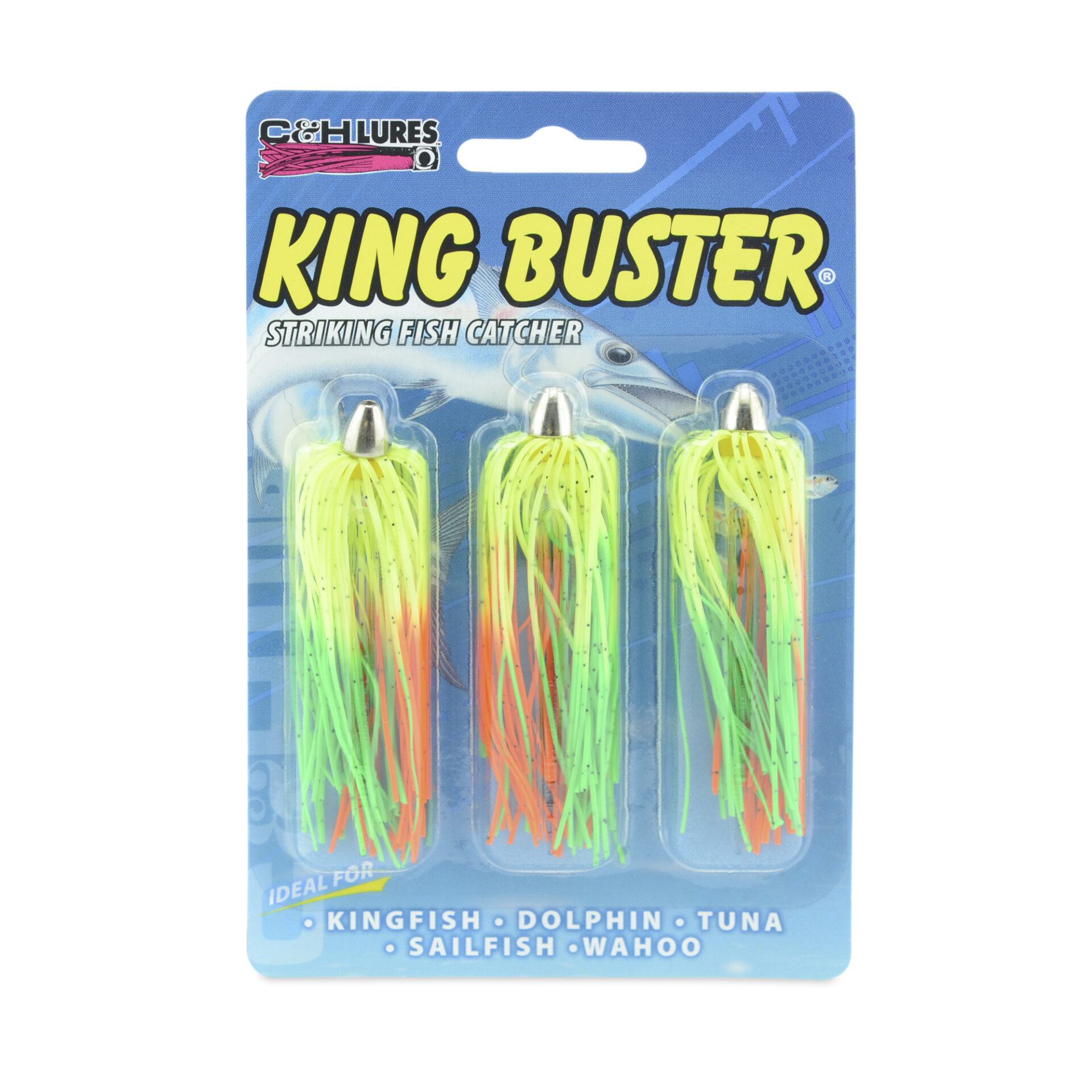C&H, King Buster Lure, Chartreuse/GreenOrangeFire Skirt, 1/8 oz / 3.5 g Head, 2.5 in / 6.35 cm, 3 pc - Image 2