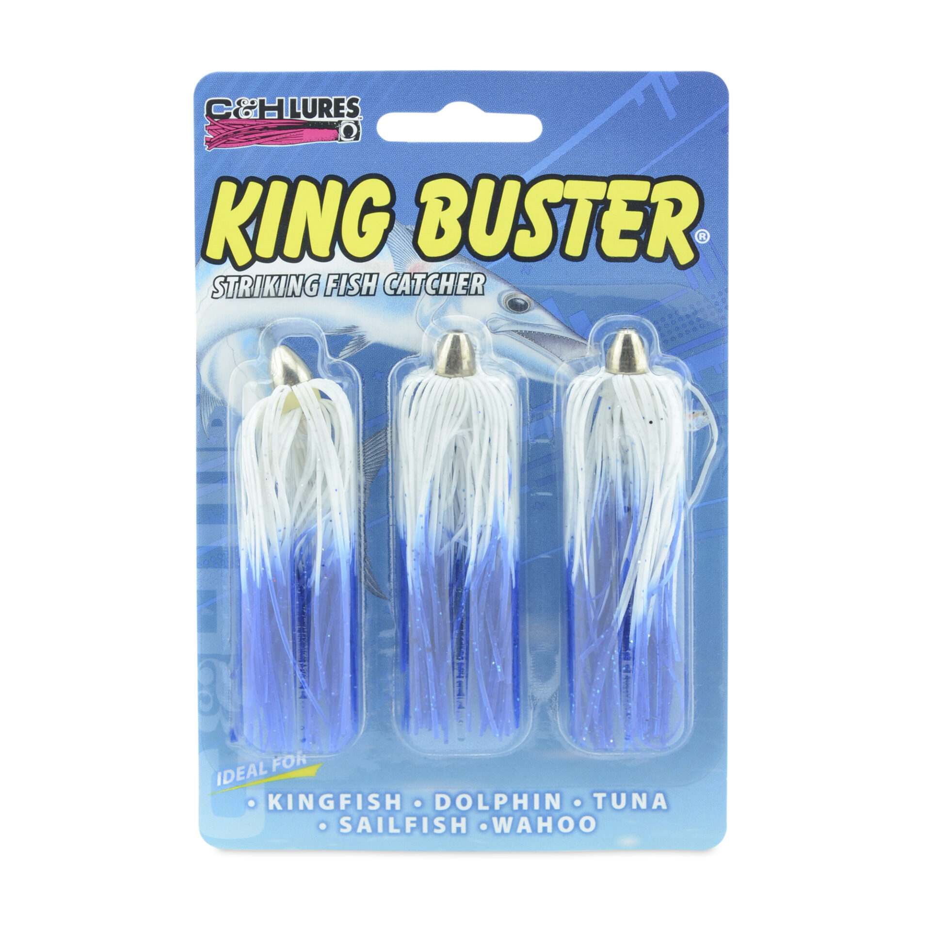 C&H, King Buster Lure, White/Blue Firetail Skirt, 1/8 oz / 3.5 g Head, 2.5 in / 6.35 cm, 3 pc - Image 2