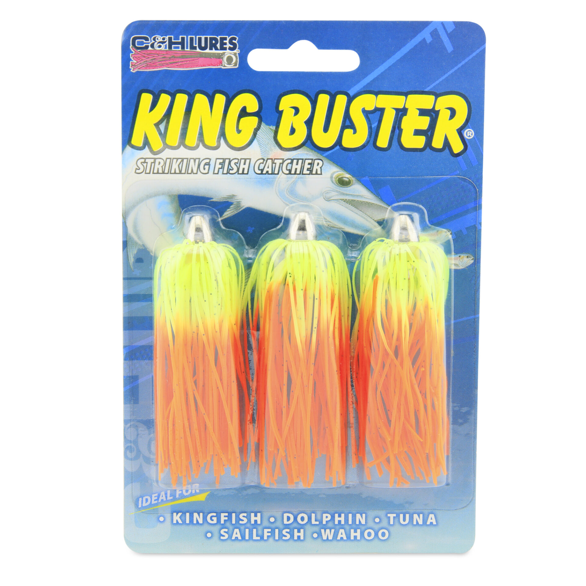 C&H, King Buster Lure, Chartreuse/Orange Firetail Skirt, 1/8 oz / 3.5 g Head, 2.5 in / 6.35 cm, 3 pc - Image 2