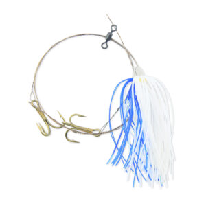 C&H, King Buster Pro-Rig, 1/8 oz / 3.5 g Head, White/Blue Mylar Skirt, Two #4 4x Treble Hooks, AFW Swivel, AFW Tooth Proof Camo Brown Wire, 3 ft / 0.91 m