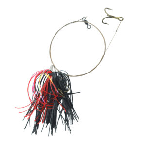 C&H, King Buster Pro-Rig, 1/8 oz / 3.5 g Head, Black/Red Mylar Skirt, Two #4 4x Treble Hooks, AFW Swivel, AFW Tooth Proof Camo Brown Wire, 3 ft / 0.91 m