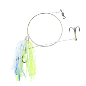 C&H, King Buster Pro-Rig, 1/8 oz / 3.5 g Head, Blue/Chartreuse/Silver Skirt, Two #4 4x Treble Hooks, AFW Swivel, AFW Tooth Proof Camo Brown Wire, 3 ft / 0.91 m
