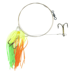 C&H, King Buster Pro-Rig, 1/8 oz / 3.5 g Head, Chartreuse/GreenOrangeFire Skirt, Two #4 4x Treble Hooks, AFW Swivel, AFW Tooth Proof Camo Brown Wire, 3 ft / 0.91 m