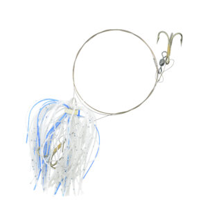 C&H, King Buster Pro-Rig, 1/8 oz / 3.5 g Head, Flying Fish White/ElecBlue Skirt, Two #4 4x Treble Hooks, AFW Swivel, AFW Tooth Proof Camo Brown Wire, 3 ft / 0.91 m