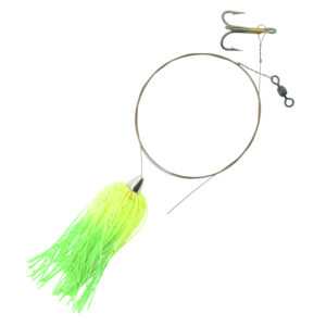 C&H, King Buster Pro-Rig, 1/8 oz / 3.5 g Head, Chartreuse/Green Firetail Skirt, Two #4 4x Treble Hooks, AFW Swivel, AFW Tooth Proof Camo Brown Wire, 3 ft / 0.91 m