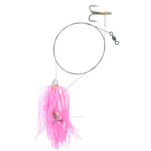 C&H, King Buster Pro-Rig, 1/8 oz / 3.5 g Head, Pink/Glow Skirt, Two #4 4x Treble Hooks, AFW Swivel, AFW Tooth Proof Camo Brown Wire, 3 ft / 0.91 m