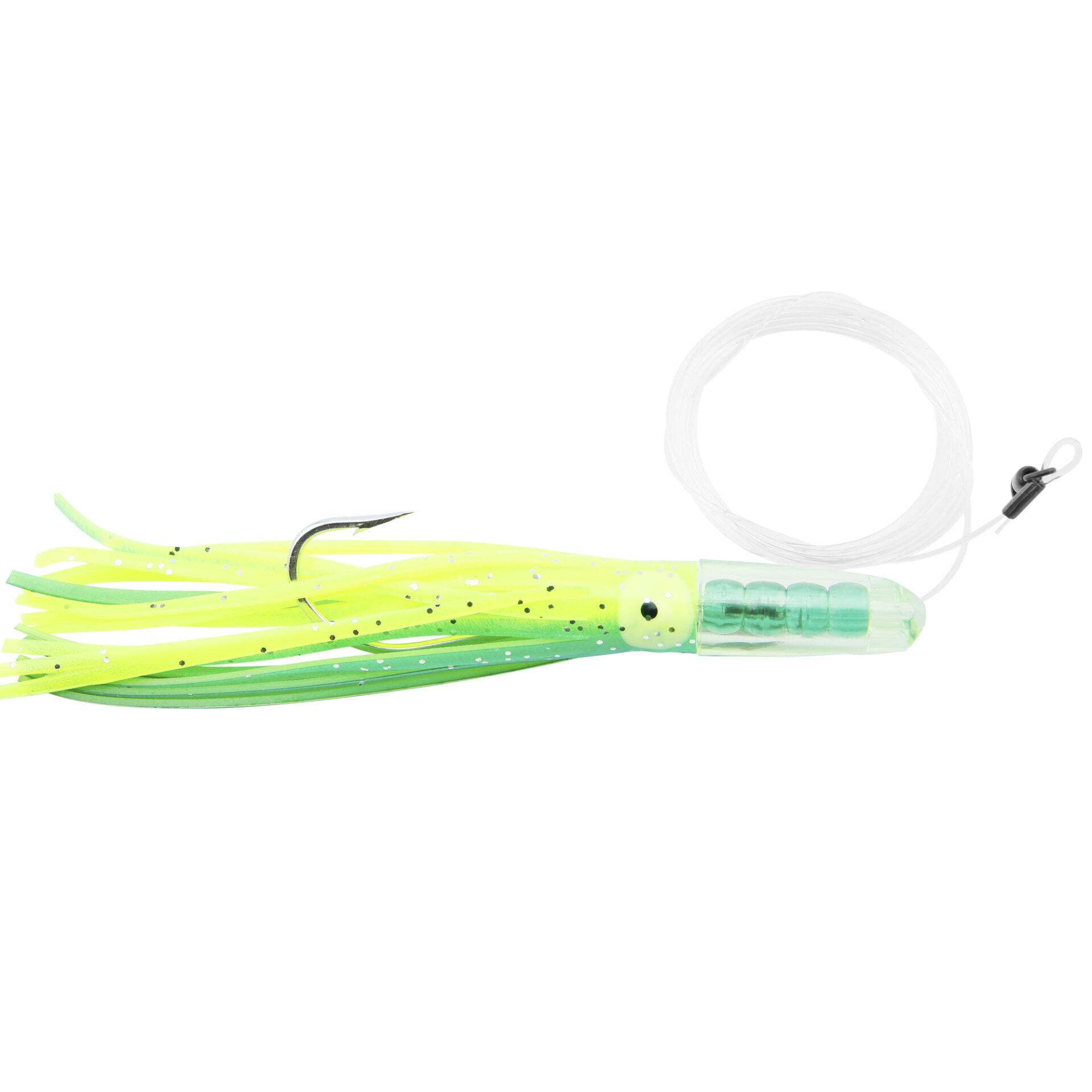 C&H, Rattle Jet Rigged & Ready, Blue/Chartreuse Skirt, 7/0 Mustad Hook, AFW Swivel, 100 lb / 45.3 kg Grand Slam Mono Line, 6 ft / 1.8 m