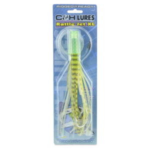 C&H, Rattle Jet XL Rigged & Ready, Silver/Yellow/Blue Skirt, 8/0 Mustad Hook, AFW Swivel, 130 lb / 58.9 kg Grand Slam Mono Line, 6 ft / 1.8 m