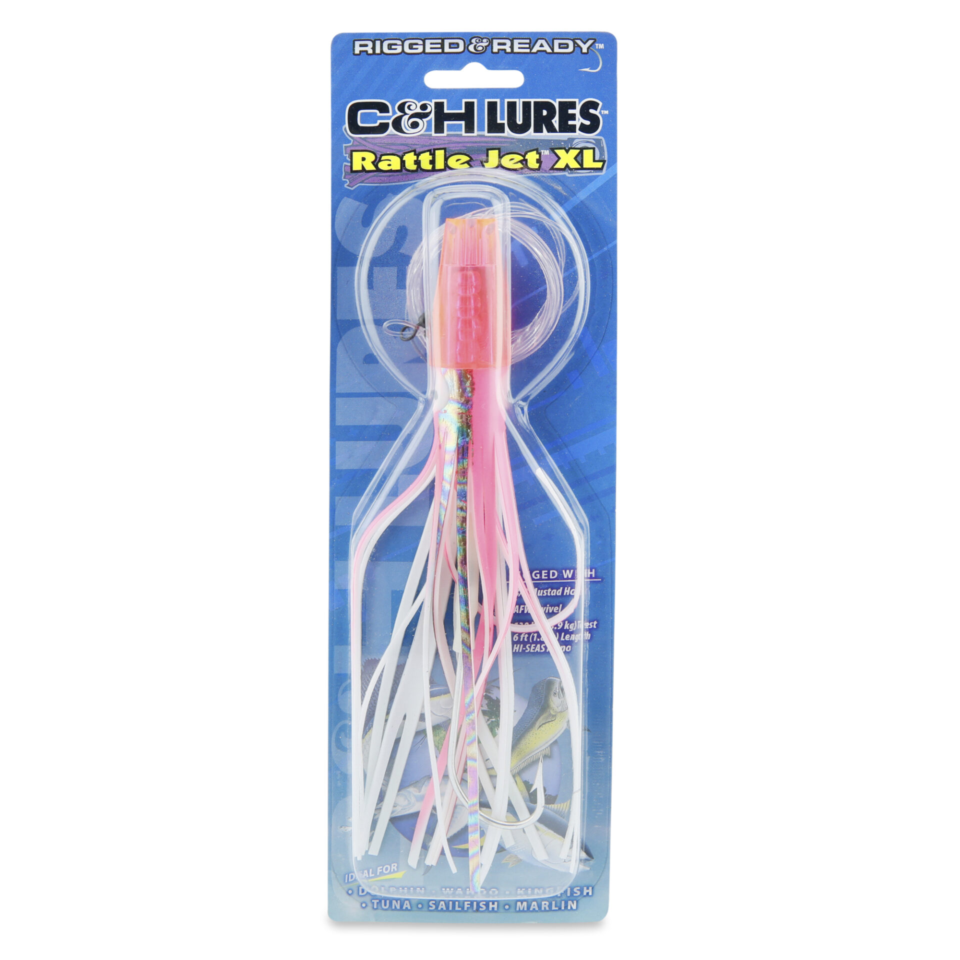 C&H, Rattle Jet XL Rigged & Ready, Pink-Foil/White Skirt, 8/0 Mustad Hook, AFW Swivel, 130 lb / 58.9 kg Grand Slam Mono Line, 6 ft / 1.8 m