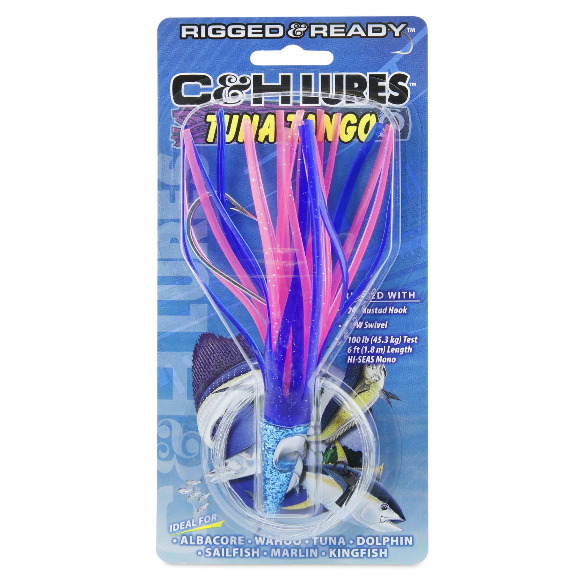 C&H, Tuna Tango Rigged & Ready, Blue/Pink Skirt, 7/0 Mustad Hook, AFW Swivel, 100 lb / 45.3 kg Grand Slam Mono Line, 6 ft / 1.8 m - Image 2