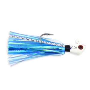 No Alibi, Alien Jig Inshore Series, Ocean Blue/Holographic Strip Skirt, 1/2 oz / 14.1 g White Head/Red Eye, 5/0 Hook, 3 pc